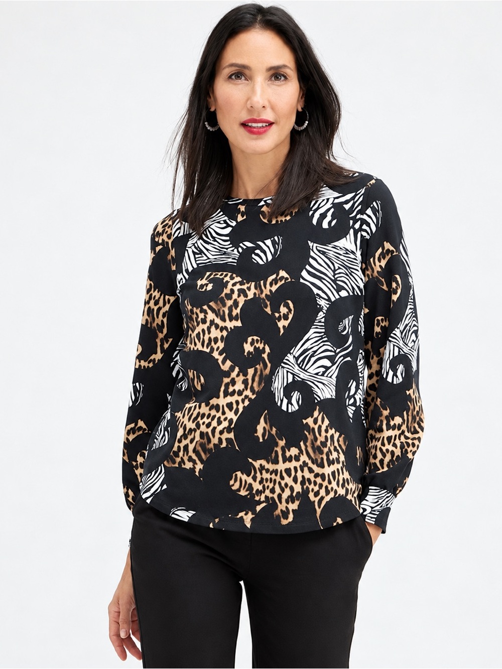 CHICO’S 3 Mixed Animal Print Top in Black • Eclectic Fall Winter Tee